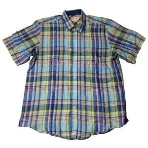INSERCH LINEN Men Size XL Blue Green Check Button-Up Shirt EUC